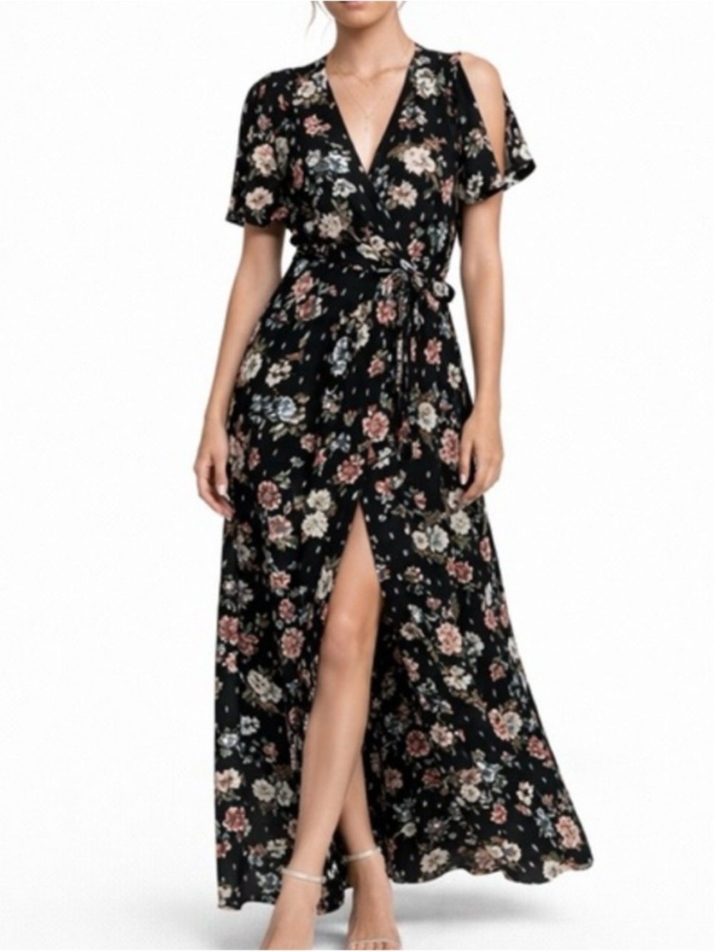 Lulu's Devine Black Floral Wrap Maxi Dress